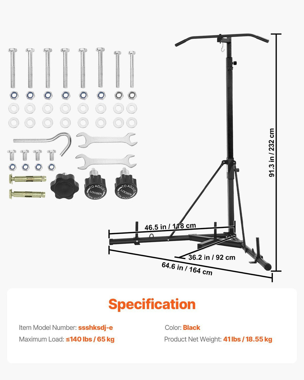 Heavy duty 2-in-1 steel punching bag stand with dimensions, assembly hardware, and 140 lbs max load specifications for home boxing training.