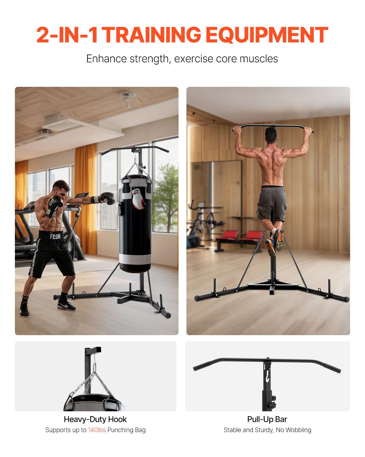 Heavy-duty 2-in-1 punching bag stand with pull-up bar for boxing training and core strength exercises.