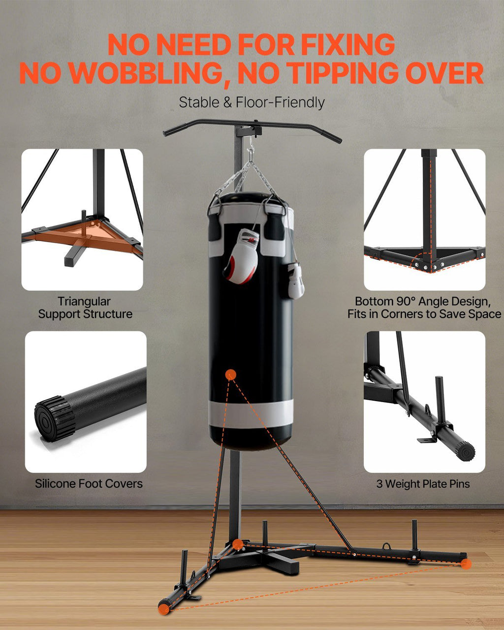 Stable 2-in-1 steel punching bag stand with triangular base, silicone feet, and weight plate pins for secure home boxing training.