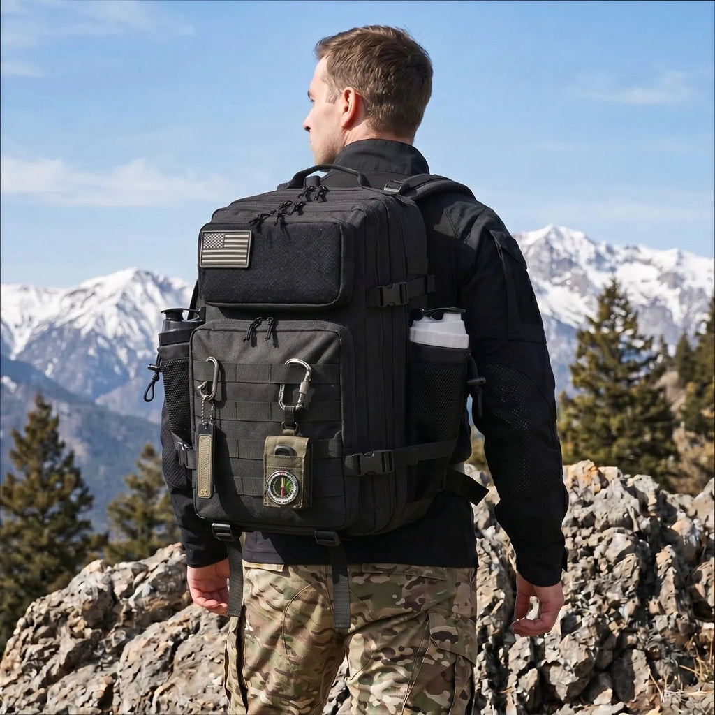 45L Large Capacity Tactical Fishing Backpack Angling Rucksack with Dual Water Bottle Cup Holders Outdoor Camping Fishing Tackle Storage Backpack for Sea Fishing Bank Fishing Hiking Trekking Travel Sports EDC Daily Carry Outdoor Fisherman Gear Bag - IronWear Co.