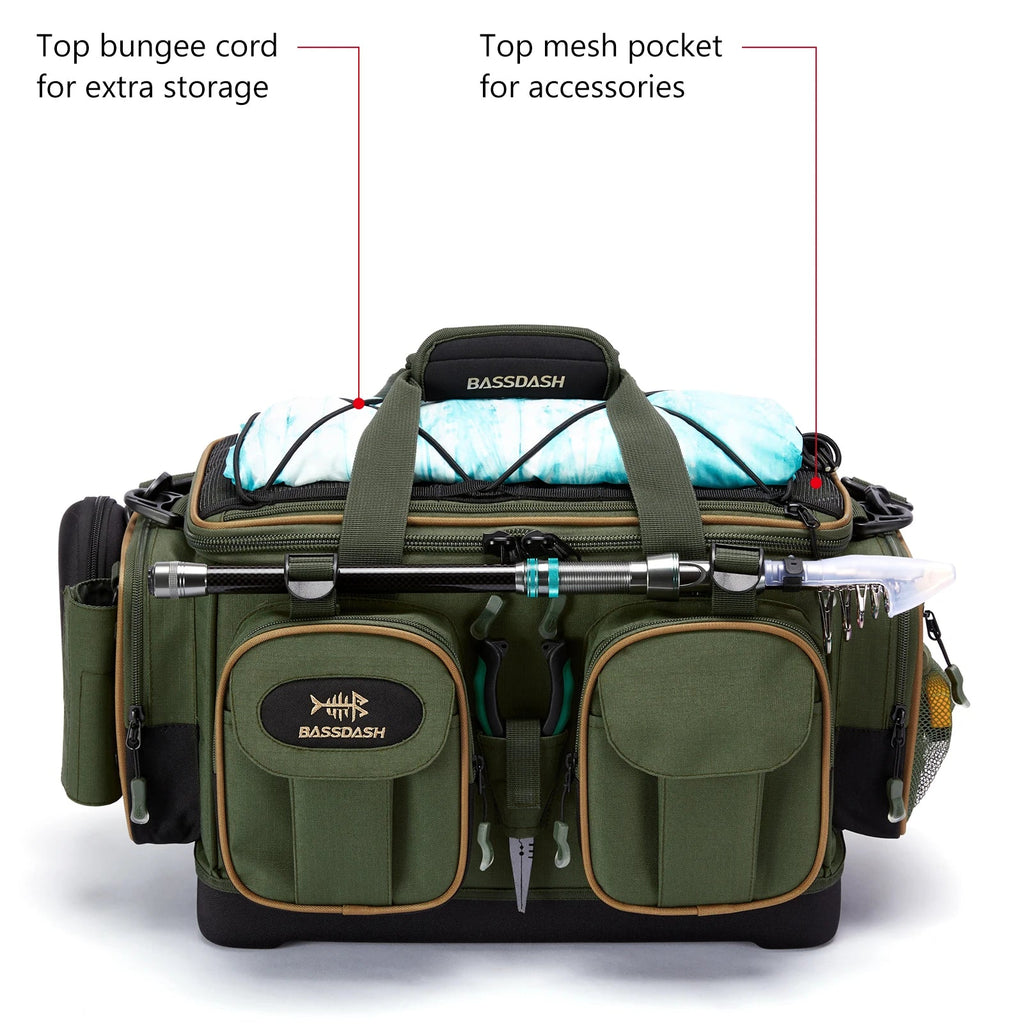 BASSDASH Fishing Tackle Shoulder Bag Water Resistant Lightweight Gear Storage Pack with Hard Molded Bottom Rain Cover - IronWear Co.