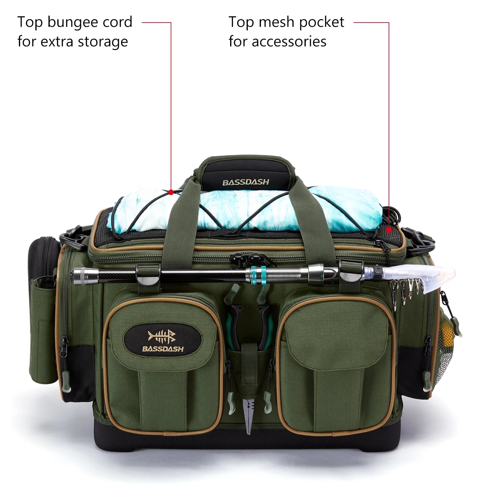 BASSDASH Fishing Tackle Shoulder Bag Water Resistant Lightweight Gear Storage Pack with Hard Molded Bottom Rain Cover - IronWear Co.