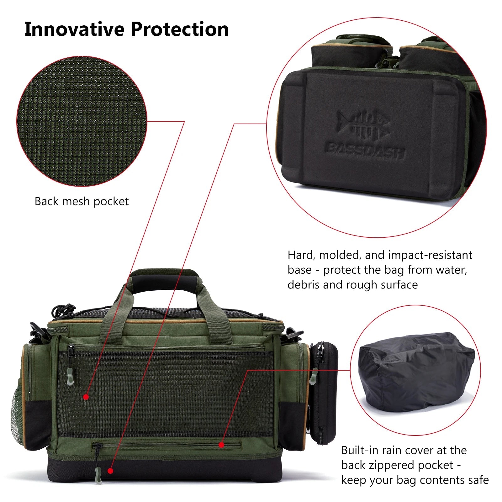 BASSDASH Fishing Tackle Shoulder Bag Water Resistant Lightweight Gear Storage Pack with Hard Molded Bottom Rain Cover - IronWear Co.
