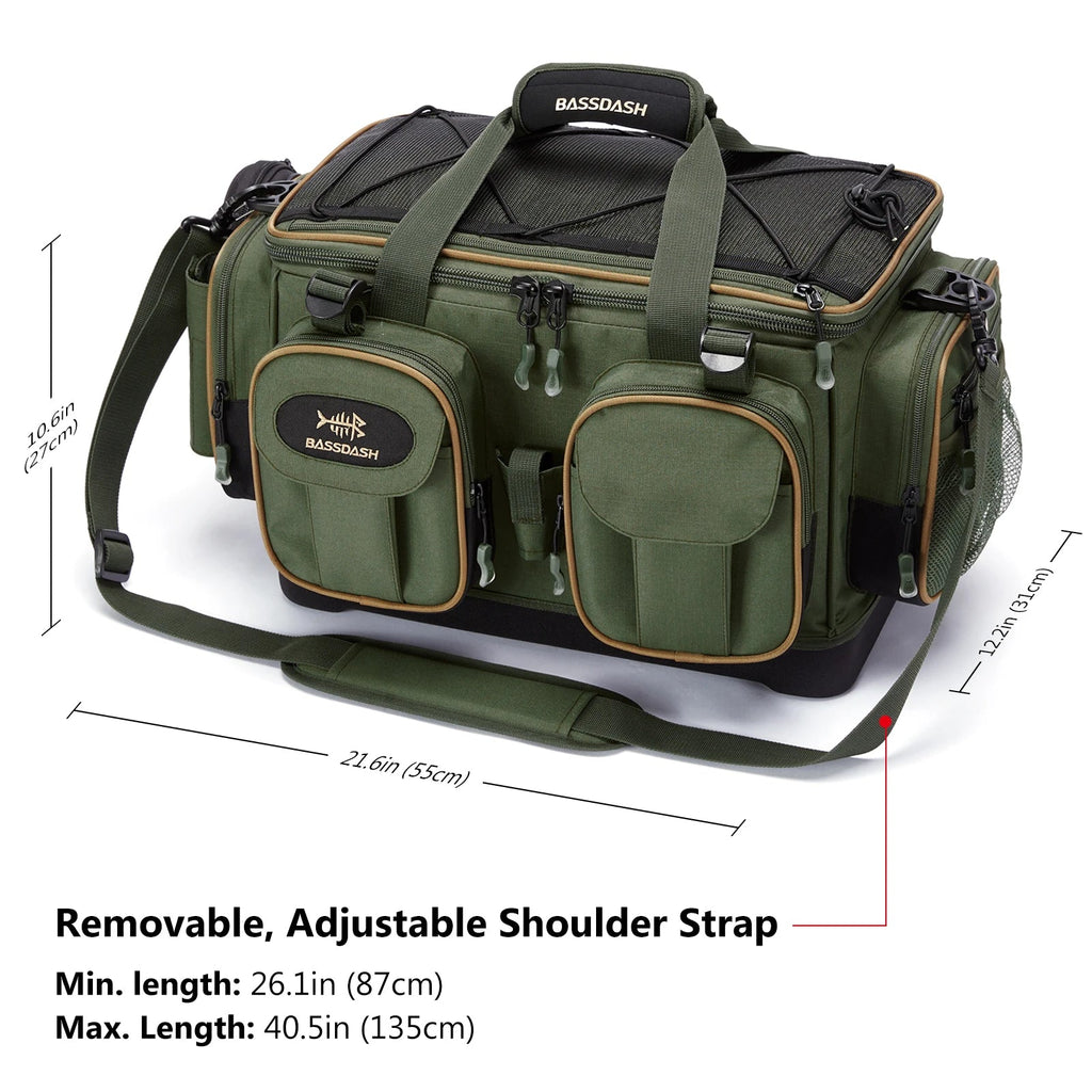 BASSDASH Fishing Tackle Shoulder Bag Water Resistant Lightweight Gear Storage Pack with Hard Molded Bottom Rain Cover - IronWear Co.