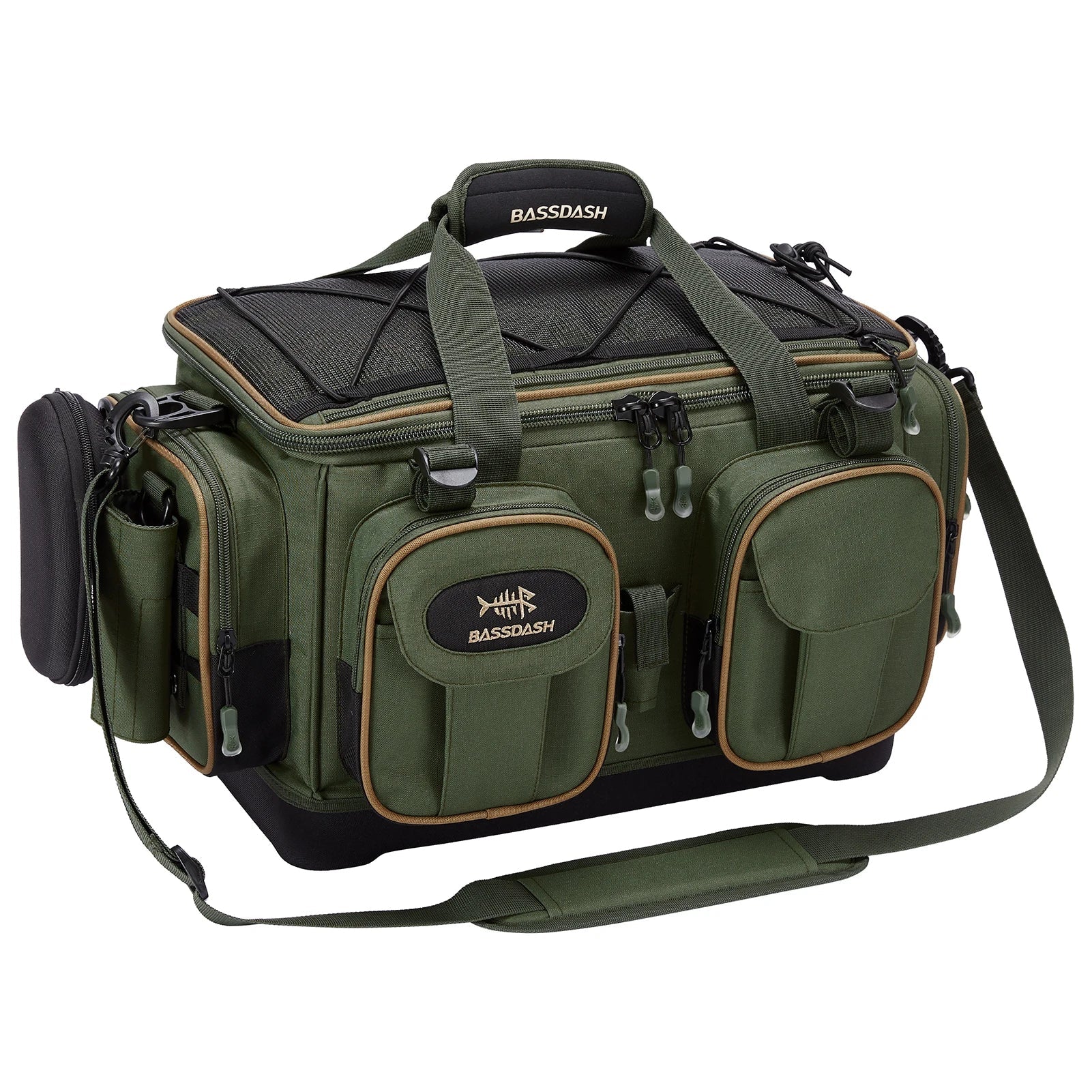BASSDASH Fishing Tackle Shoulder Bag Water Resistant Lightweight Gear Storage Pack with Hard Molded Bottom Rain Cover - IronWear Co.