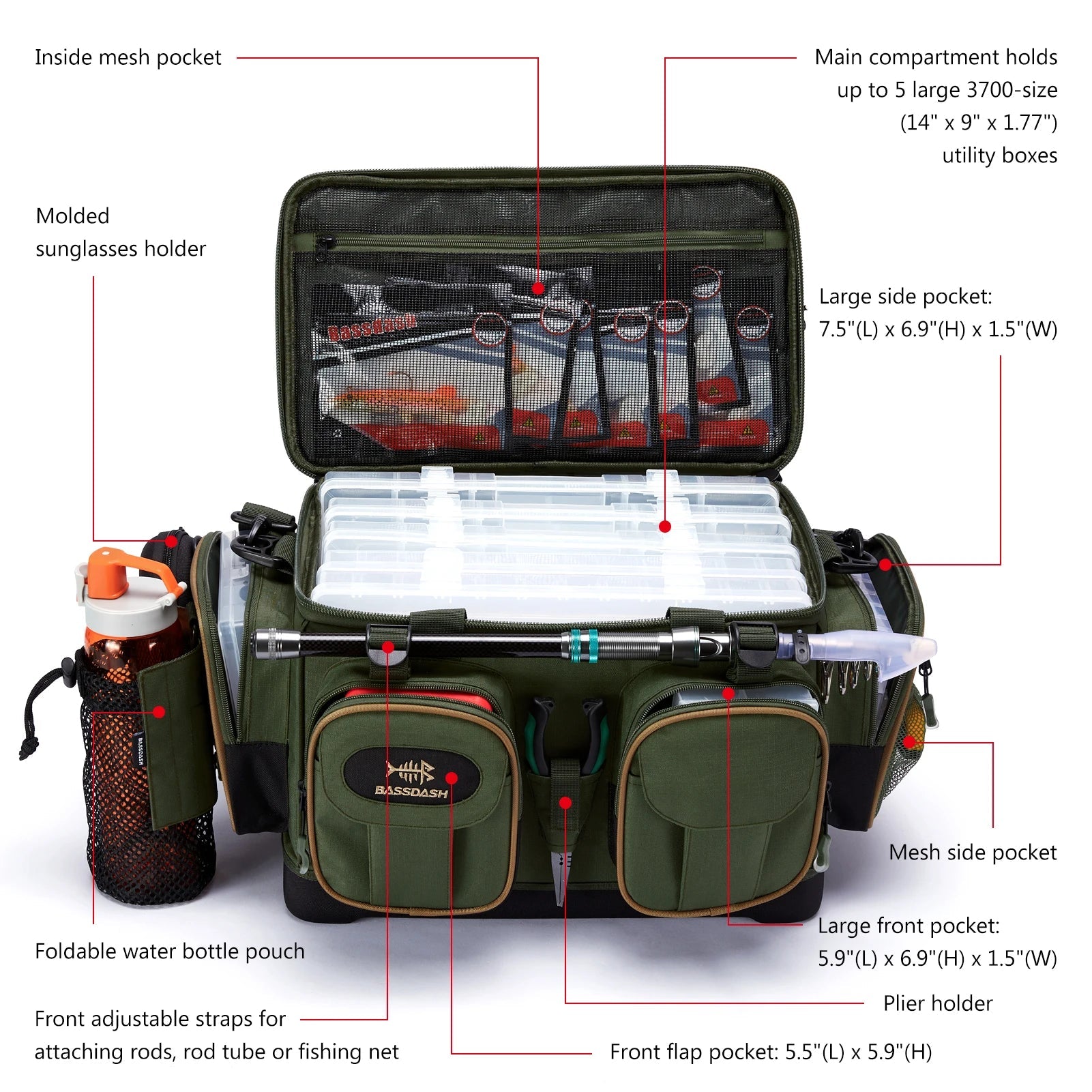 BASSDASH Fishing Tackle Shoulder Bag Water Resistant Lightweight Gear Storage Pack with Hard Molded Bottom Rain Cover - IronWear Co.